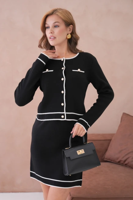 Kadın Bisiklet Yaka Düğme Kapama Ceket Etek İkili Triko Takım