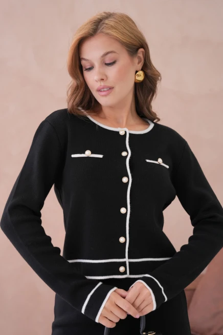 Kadın Bisiklet Yaka Düğme Kapama Ceket Etek İkili Triko Takım