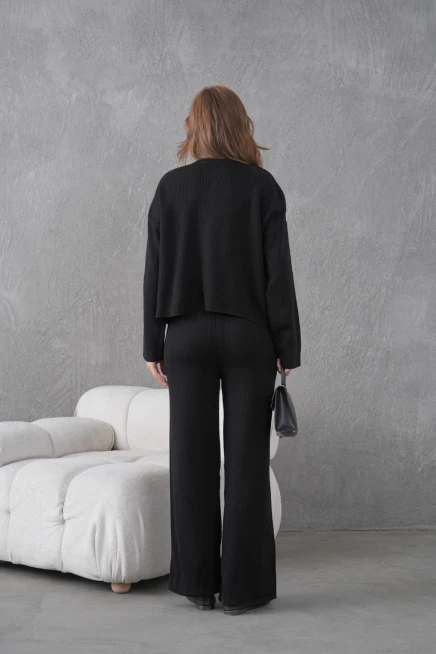 Kadın Bisiklet Yaka Düğme Kapama Kaşkorse Ceket Pantolon İkili Triko Takım