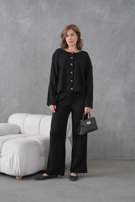 Kadın Bisiklet Yaka Düğme Kapama Kaşkorse Ceket Pantolon İkili Triko Takım