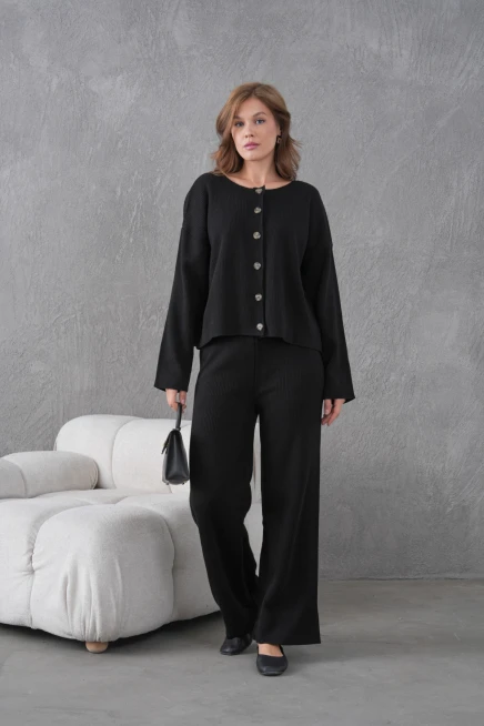 Kadın Bisiklet Yaka Düğme Kapama Kaşkorse Ceket Pantolon İkili Triko Takım