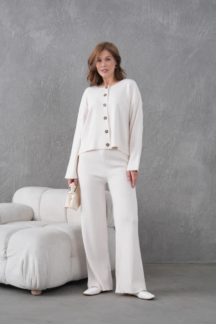 Kadın Bisiklet Yaka Düğme Kapama Kaşkorse Ceket Pantolon İkili Triko Takım