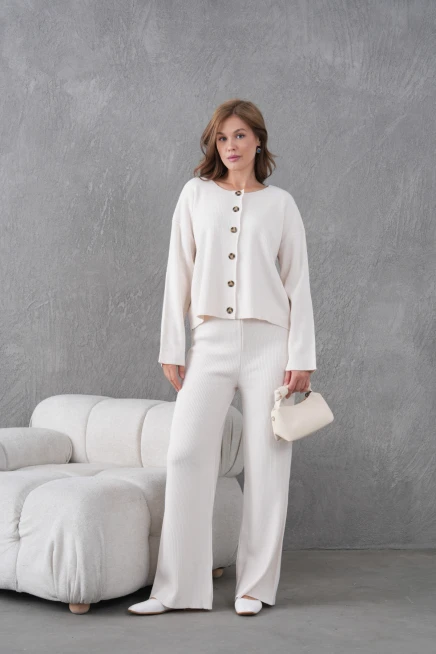 Kadın Bisiklet Yaka Düğme Kapama Kaşkorse Ceket Pantolon İkili Triko Takım