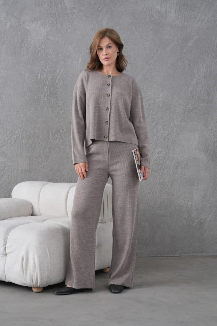 Kadın Bisiklet Yaka Düğme Kapama Kaşkorse Ceket Pantolon İkili Triko Takım