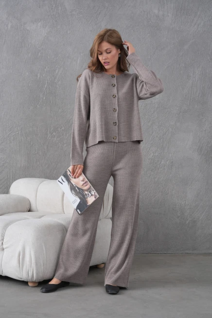 Kadın Bisiklet Yaka Düğme Kapama Kaşkorse Ceket Pantolon İkili Triko Takım