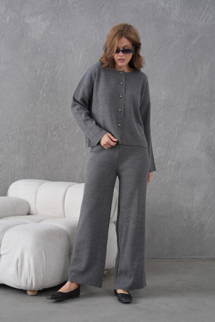 Kadın Bisiklet Yaka Düğme Kapama Kaşkorse Ceket Pantolon İkili Triko Takım