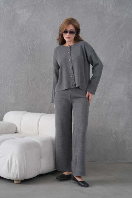 Kadın Bisiklet Yaka Düğme Kapama Kaşkorse Ceket Pantolon İkili Triko Takım