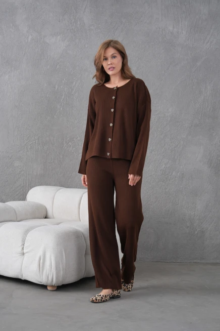 Kadın Bisiklet Yaka Düğme Kapama Kaşkorse Ceket Pantolon İkili Triko Takım