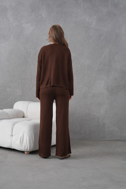 Kadın Bisiklet Yaka Düğme Kapama Kaşkorse Ceket Pantolon İkili Triko Takım