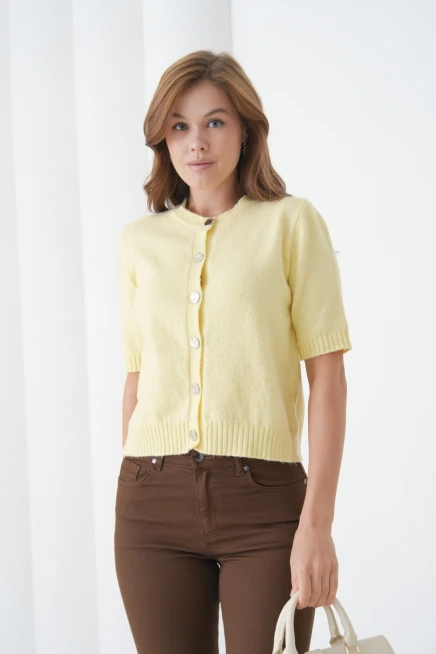 Kadın Bisiklet Yaka Düğme Kapama Yün Karışımlı Simli Triko Kazak 8643Sw