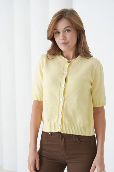 Kadın Bisiklet Yaka Düğme Kapama Yün Karışımlı Simli Triko Kazak 8643Sw