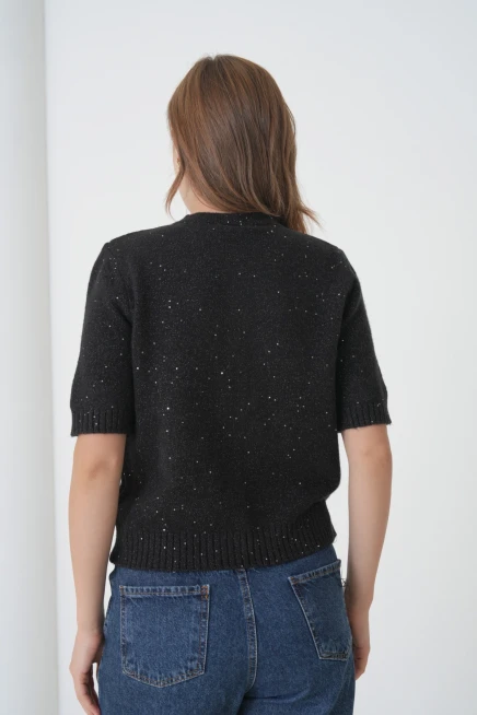 Kadın Bisiklet Yaka Düğme Kapama Yün Karışımlı Simli Triko Kazak 8643Sw