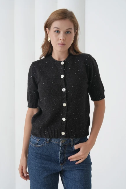 Kadın Bisiklet Yaka Düğme Kapama Yün Karışımlı Simli Triko Kazak 8643Sw