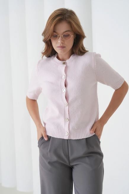 Kadın Bisiklet Yaka Düğme Kapama Yün Karışımlı Simli Triko Kazak 8643Sw