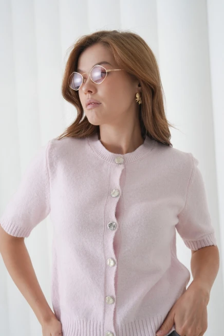 Kadın Bisiklet Yaka Düğme Kapama Yün Karışımlı Simli Triko Kazak 8643Sw