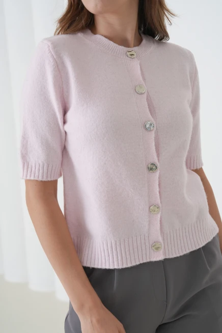 Kadın Bisiklet Yaka Düğme Kapama Yün Karışımlı Simli Triko Kazak 8643Sw