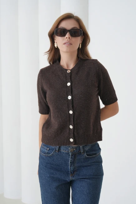 Kadın Bisiklet Yaka Düğme Kapama Yün Karışımlı Simli Triko Kazak 8643Sw