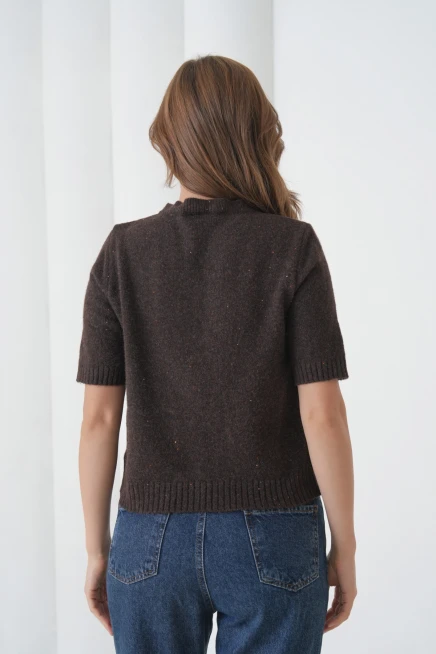 Kadın Bisiklet Yaka Düğme Kapama Yün Karışımlı Simli Triko Kazak 8643Sw