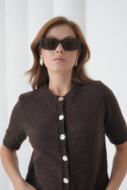 Kadın Bisiklet Yaka Düğme Kapama Yün Karışımlı Simli Triko Kazak 8643Sw