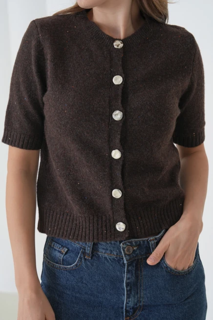 Kadın Bisiklet Yaka Düğme Kapama Yün Karışımlı Simli Triko Kazak 8643Sw