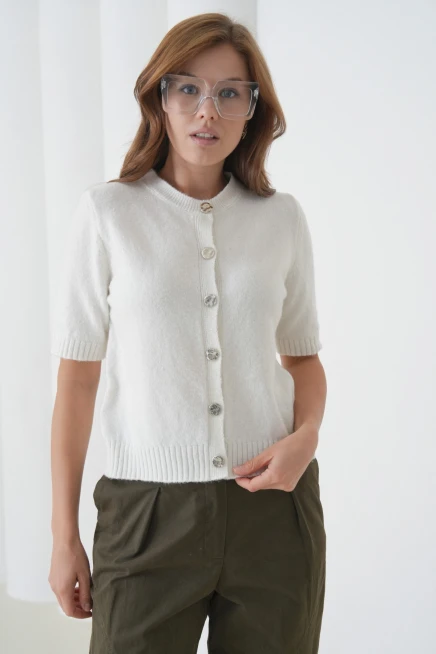 Kadın Bisiklet Yaka Düğme Kapama Yün Karışımlı Simli Triko Kazak 8643Sw