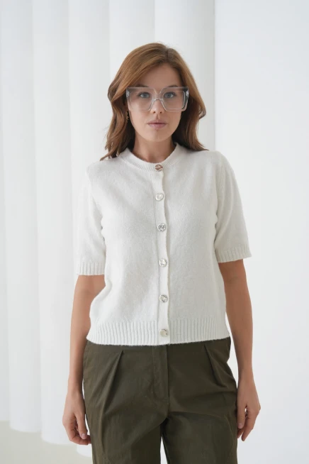 Kadın Bisiklet Yaka Düğme Kapama Yün Karışımlı Simli Triko Kazak 8643Sw