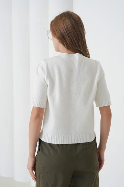 Kadın Bisiklet Yaka Düğme Kapama Yün Karışımlı Simli Triko Kazak 8643Sw