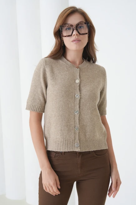 Kadın Bisiklet Yaka Düğme Kapama Yün Karışımlı Simli Triko Kazak 8643Sw