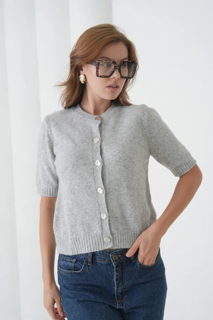 Kadın Bisiklet Yaka Düğme Kapama Yün Karışımlı Simli Triko Kazak 8643Sw