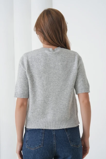 Kadın Bisiklet Yaka Düğme Kapama Yün Karışımlı Simli Triko Kazak 8643Sw