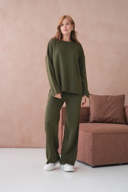 Kadın Bisiklet Yaka Düşük Kol Kazak Pantolon İkili Triko Takım