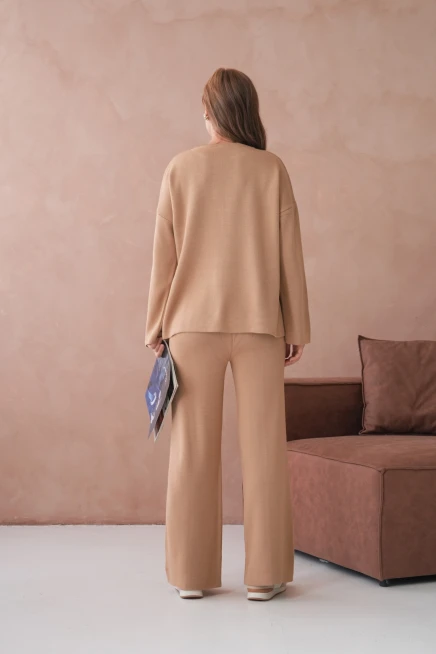 Kadın Bisiklet Yaka Düşük Kol Kazak Pantolon İkili Triko Takım