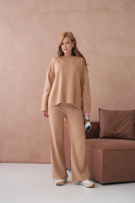 Kadın Bisiklet Yaka Düşük Kol Kazak Pantolon İkili Triko Takım