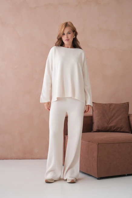 Kadın Bisiklet Yaka Düşük Kol Kazak Pantolon İkili Triko Takım