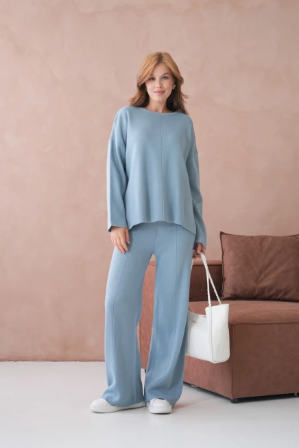 Kadın Bisiklet Yaka Düşük Kol Kazak Pantolon İkili Triko Takım