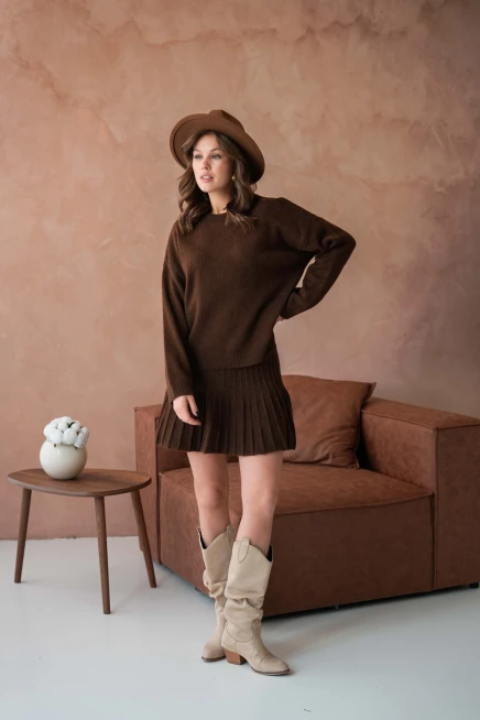 Kadın Bisiklet Yaka Etekli İkili Triko Takım