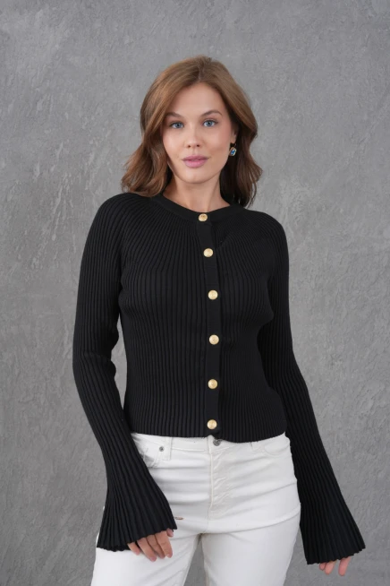 Kadın Bisiklet Yaka İspanyol Kol Düğme Kapama Kaşkorse Triko Ceket 12280.Lnz