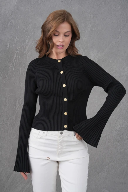 Kadın Bisiklet Yaka İspanyol Kol Düğme Kapama Kaşkorse Triko Ceket 12280.Lnz