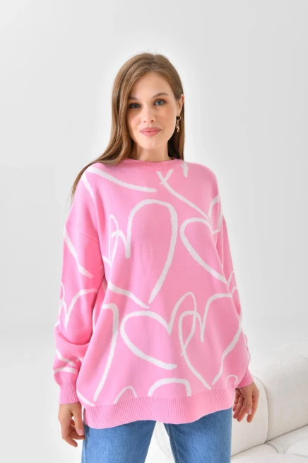 Kadın Bisiklet Yaka Kalp Örgü Detaylı Oversize Triko Tunik