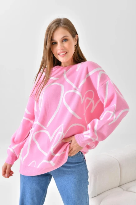 Kadın Bisiklet Yaka Kalp Örgü Detaylı Oversize Triko Tunik