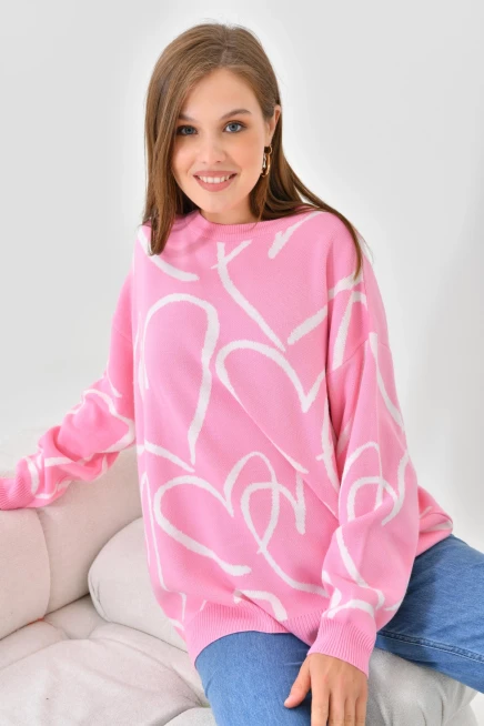 Kadın Bisiklet Yaka Kalp Örgü Detaylı Oversize Triko Tunik