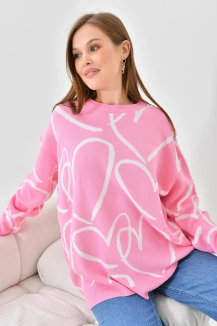 Kadın Bisiklet Yaka Kalp Örgü Detaylı Oversize Triko Tunik