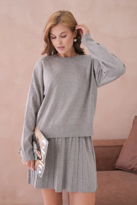 Kadın Bisiklet Yaka Kazak Kısa Etek İkili Triko Takım