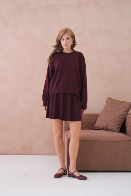 Kadın Bisiklet Yaka Kazak Kısa Etek İkili Triko Takım