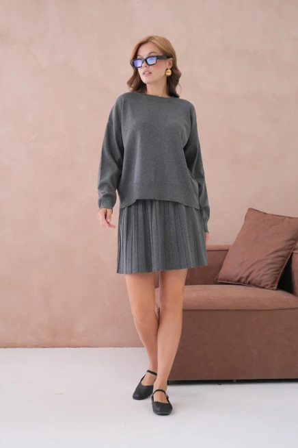 Kadın Bisiklet Yaka Kazak Kısa Etek İkili Triko Takım