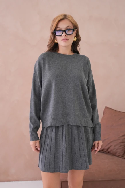 Kadın Bisiklet Yaka Kazak Kısa Etek İkili Triko Takım