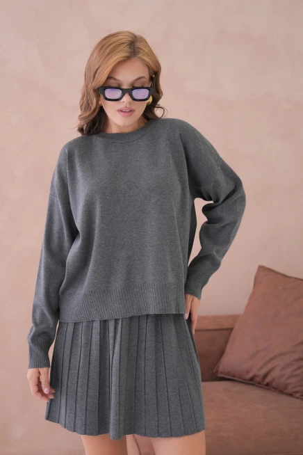 Kadın Bisiklet Yaka Kazak Kısa Etek İkili Triko Takım