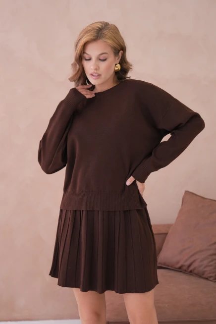 Kadın Bisiklet Yaka Kazak Kısa Etek İkili Triko Takım