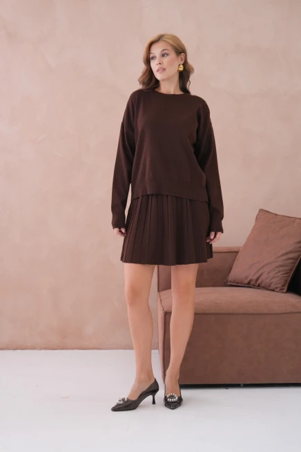 Kadın Bisiklet Yaka Kazak Kısa Etek İkili Triko Takım