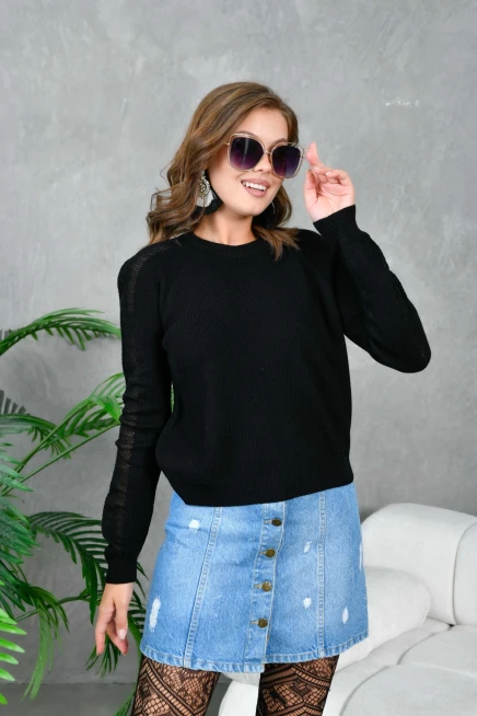 Kadın Bisiklet Yaka Kolları Ajurlu Basic Triko Kazak